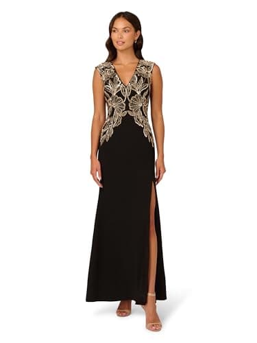 Image of Adrianna Papell Women's Beaded Crepe Long Dress Special Occasion, Black, 10