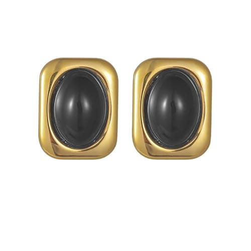 Image of Gold Statement Chunky Stud Earrings for Women Girls Stainless Steel Black Oval Stone Geometric Square Earrings 18K Gold Plated Vintage Trendy Personalized Jewelry Gifts