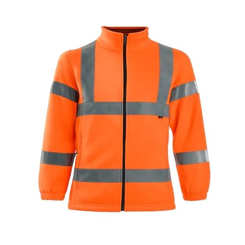 Image of Hi Vis Visibility Fleece Jacket with Zip Fastening – Men’s Warm Hi Vis Workwear, High Visibility Full Zip Long Sleeve Sweatshirt, Reflective Tape Safety Coat (Orange, L)