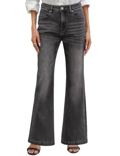 Image of PASUDA Flared Jeans for Women Stretchy High Waisted Denim Pants Elastic Bootcut Bell Bottom Washed Jeans Legging for Women with Pockets Casual Comfort (Light Black, XL)