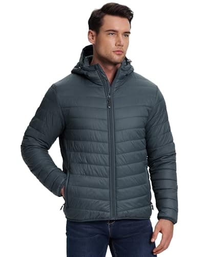 Image of 33,000ft Men's Insulated Puffer Jackets Waterproof Jacket for Men Easy Packable Hooded Quilted Jacket Lightweight Men's Coats with Zip Pockets Grey L