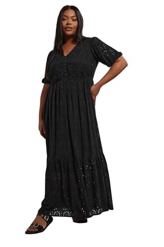 Image of Yours Curve Broderie Anglaise Tiered Maxi Dress - Women's - Plus Size Curve Black