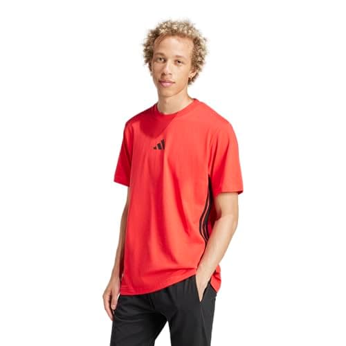 Image of adidas Men's Essential Three Stripes Single Jersey TEE, Pure Ruby/Black, XL