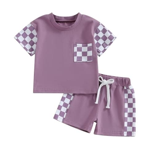 Image of Geagodelia Toddler Baby Girl Summer Round Neck Short Sleeve T-Shirt Check Print Elastic Pullover Sweatshirt Outfit Clothes Set (Purple, 2-3 Years)