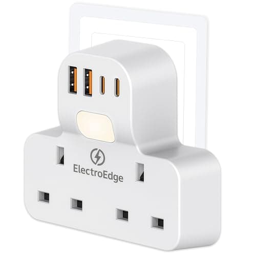 Image of Extension Plug -ElectroEdge, Fast Charging PD20W USB ports & Built-in Nightlight. 6-in-1 socket adapter, 2 Type-C & 2 USB-A, 13A UK plugs, wall socket power strip for Home, Office, Kitchen, University