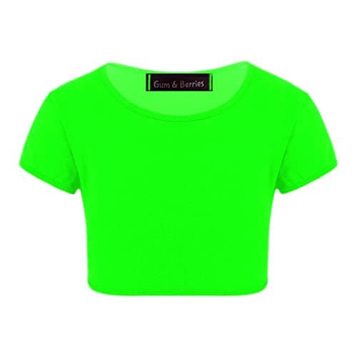 Image of Kids Girls Neon Fluorescent Plain Short Sleeve Crop Tops T-Shirt Tee Top Dance Wear Gymnastic Fancy Dress Colour: Neon Green - Size: 13-14 Years