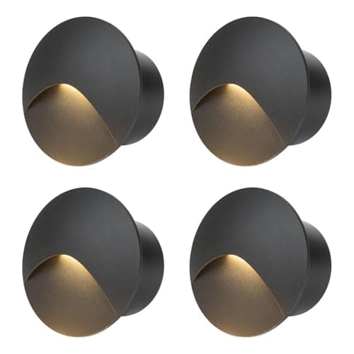 Image of FWoche 3W Wall Recessed Lamp Stair Lights Warm White, Round Staircase Light, LED Step Night, Aluminium IP44 Wall Lighting Indoor/Outdoor, Garden Lighting Deck Balcony Black Shell, 4pcs