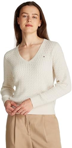 Image of Tommy Hilfiger Women's CO Cable FINE GG V-NK LS SWT WW0WW44987 Pullover Sweater, Beige (Heather Ivory Petal), S