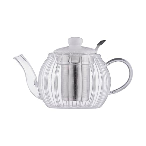 Image of Price & Kensington Luxe Glass Teapot with Stainless Steel Infuser 1000ml | Fluted Embossed Glass Teapot with White Ceramic Lid | Non-Drip Spout, Ergonomic Handle & Gift Box
