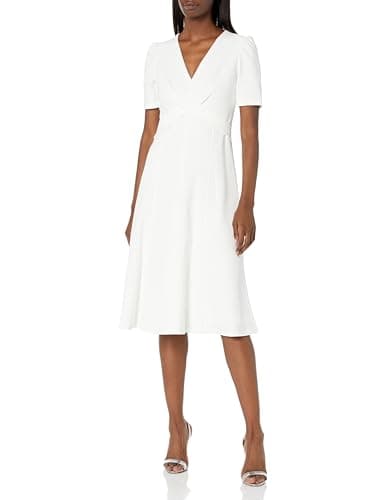 Image of Tommy Hilfiger Women's Scuba Crepe Structured Short Puff Sleeve Dress, Cream, 14