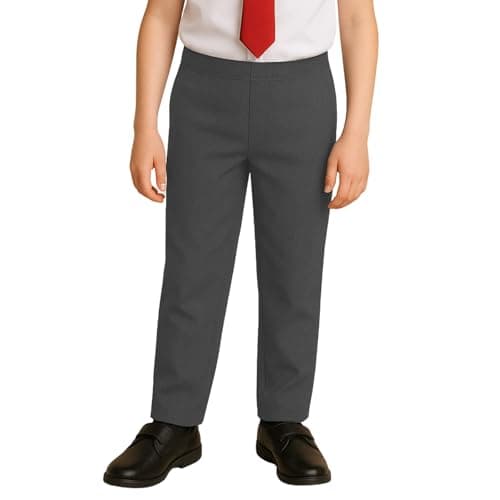Image of SchoolStitch® Boys School Trousers, Plain Flat Front Pull Up Half Elastic Waist Trousers, Teflon Coated Stain-Resistant School Uniform Pants, Ages 3-13 Grey