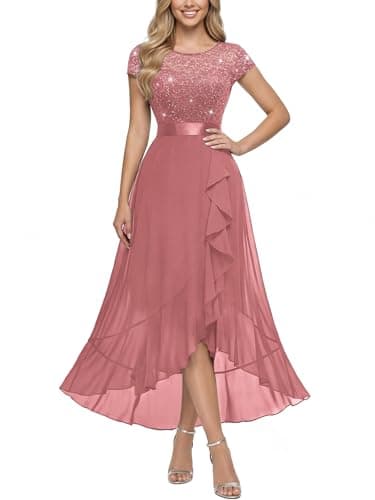 Image of MIUSOL Women's Elegant Floral Lace Ruffle Evening Formal Wedding Guest Party Maxi Dress (XX-Large, Sequin Version - Dusty Pink)