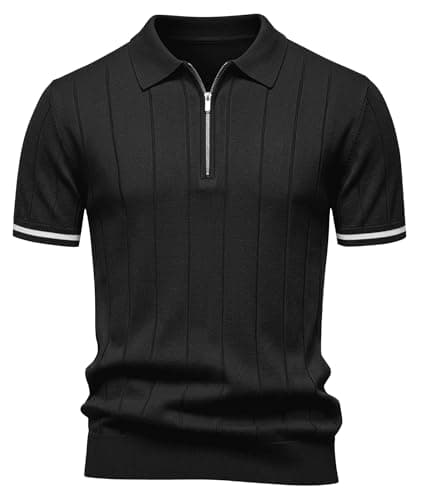 Image of Elainone Men's Polo Shirts Short Sleeve Vertical Striped Texture Zip Quarter Golf Polo Shirt Breathable Soft Summer Casual Tops Black