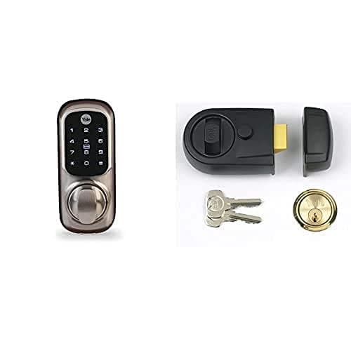 Image of Yale Smart Living YD-01-CON-NOMOD-SN Keyless Connected Ready Smart Door Lock, Satin Nickel & P-Y3-BL-PB-60 Contemporary Nightlatch, Standard Security, Black Finish/Brass Cylinder, 60 mm Backset