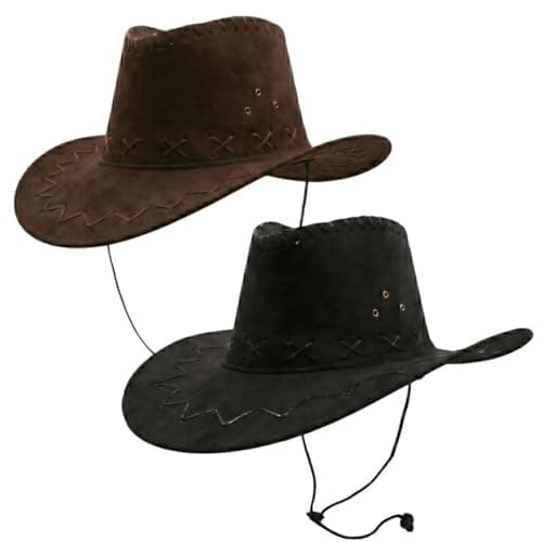Image of 2PCS Faux Suede Cowboy Hats for Adults Brown and Black Western Fancy Dress Costume Hats Classic Wide Brim Cowgirl Cowboy Hat Set for Parties Festivals Cosplay Accessories