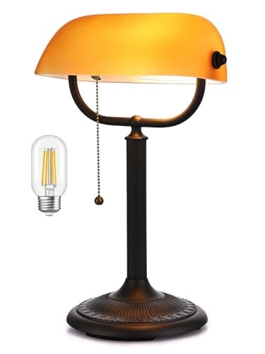 Image of Newrays 1-Minute Quick-Change Shade Antique Matted Amber Glass Bankers Desk Lamp for Study, Office, Library,LED Bulb Included