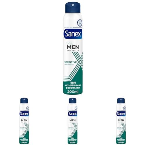 Image of Sanex Men Sensitive Antiperspirant Deodorant Spray 200ml, anti-irritation formula, hypoallergenic formula, 48 hour sweat and odour protection, gentle on skin, developed with dermatologists (Pack of 4)