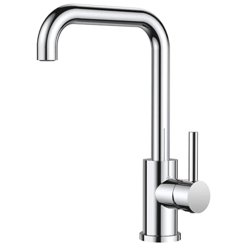Image of FORIOUS Kitchen Tap, Kitchen Sink Taps Mixer, 360 Swive Stainless Steel L Shaped Monobloc 1 Hole with Single Lever, Ploished Chrome