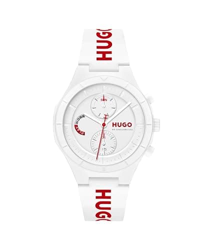 Image of HUGO Analogue Multifunction Quartz Watch for Men #LIT Multi Collection with White with Red Details Silicone Bracelet - 1530406