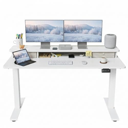 Image of FEZIBO Electric Height Adjustable Standing Desk, 140x60cm, with Double Drawers and Storage Shelf, White
