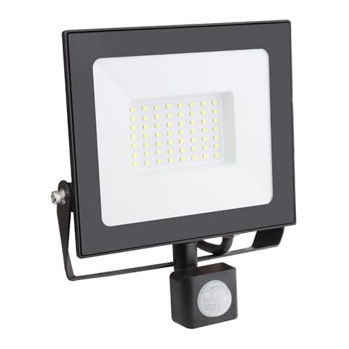 Image of Bright Source LED Floodlight, PIR Motion Sensor, IP65, 50W, 5750lm, 120° Beam Angle, 6500K Daylight White, Black, with Adjustable Tilt Mounting Bracket & 1m Lead Wire