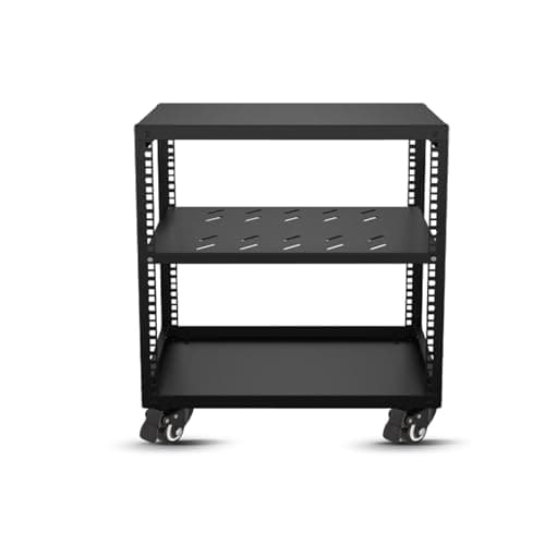 Image of Adjustable 2-Tier AV Multimedia Cabinet on Wheels, Black Stereo Stand, Open Frame Mesh Shelf for High-Fidelity Amplifier & IT/AV Equipment Storage, 55.1 cm
