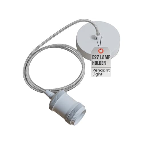 Image of Vintage E27 Pendant Light Fitting Kit White Metal Ceiling Rose with 1m Grey Braided Adjustable Cable – DIY Hanging Lamp Holder, Kitchen Island Ceiling Light, Indoor Industrial Lighting Fixture
