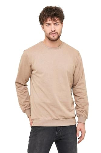 Image of COMEOR Men's Sweatshirt, Plain Casual Jumper, Classic Crewneck Cotton Sweater Beige