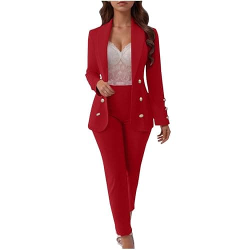 Image of Generisch Women's 2-Piece Outfit, Autumn/Winter Suit Jacket and Trousers, Slim Fit, Plain Stretch, Elegant, Long-Sleeved, Business Suit, Outdoor, Wedding, Formal Sports Suit, S-3XL, Red 1, XXL