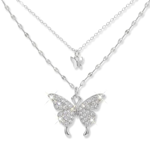 Image of KFRS 925 Sterling Silver Butterfly Necklace for Women Double Layer Clavicle Chain Shiny CZ Necklace Dainty Gifts Party Jewelry Gift