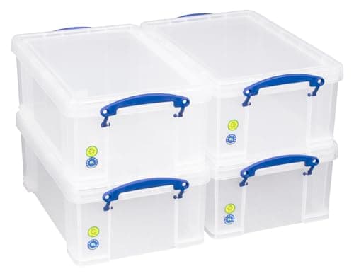Image of Really Useful Box 9 Litre Plastic Storage Box Clear, Multi-purpose stacking storage, with a lid and clip lock handles, Ideal for home, office, school and arts and crafts storage (Pack of 4)