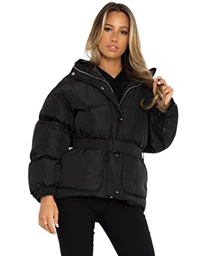 Image of Lexi Fashion Ladies Womens Oversized Puffer Bubble Quilted Padded Belt Long Sleeve Winter Warm Bomber Drawstring Thick Duvet Jacket Hooded Coat Black UK Size L/12