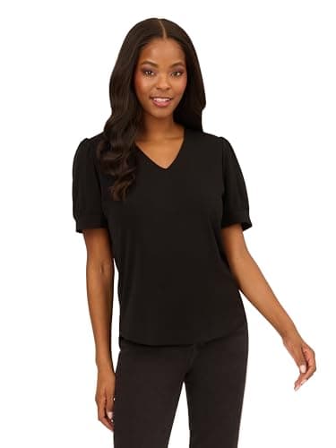 Image of Adrianna Papell Women's V-Neck Short Puff Sleeve Top, Black, M