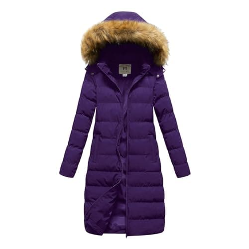 Image of Beokeuioe Women's Winter Coat Warm Quilted Coat Long with Removable Hood and Faux Fur Collar Padded Down Coat Puffer Jacket Quilted Jacket Down Jacket Outdoor Jacket Outerwear, Purple, L