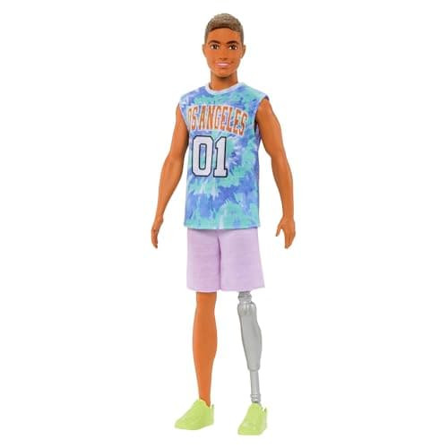 Image of Barbie Ken Fashionistas Doll #212 with Prosthetic Leg, Wearing Los Angeles Jersey and Purple Shorts with Sneakers, HJT11