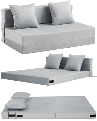 Image of Aptliton 4-in-1 Folding Sofa Bed Double, Fold Out Sofa Couch with Velvet Cover & 2 Cushions, Floor Mattress Lounger for Living Room, Comfy Foldable Sofa Chair Bed, Removable Cover, Washable(135*190CM)