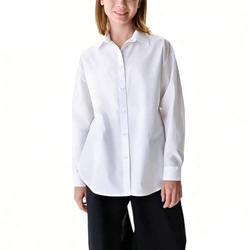Image of LXEASYGO Girls School Shirt Long Sleeve Blouse Regular Fit Easy Iron White and Blue School Uniform Tops for Children 5-16 Years (UK, Age, 11 Years, 12 Years, Regular, White)