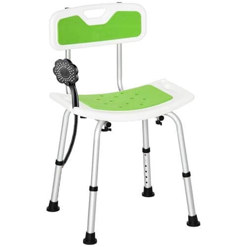 Image of HOMCOM Shower Chair for the Elderly and Disabled, 6-Level Height Adjustable Shower Stool with Backrest, Curved Seat, Anti-slip Foot Pads and Shower Head Holder, Green