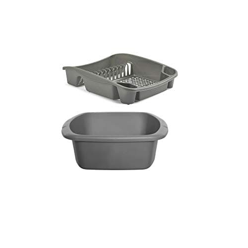 Image of Galleries Plastic Large Washing up Bowl and Dish Drainer Rack Kitchen Plate Holder Set of 2 (Silver)