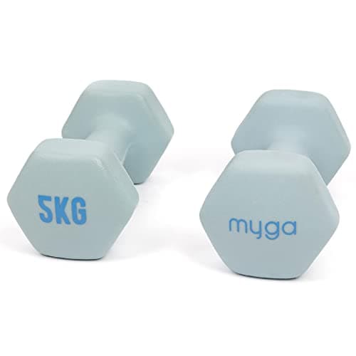Image of MYGA Hex Dumbbells - Pair of Neoprene & Cast Iron Hexagonal Dumbbell Hand Weights for Women and Men at Home & Gym - Weight: 5 kg