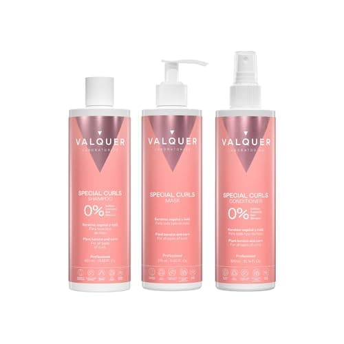 Image of Valquer Curly Special Pack Shampoo 400 ml, Hair Mask 275 ml and Conditioner 300 ml. Hair Treatment for Defined Curls. Hydrates and Softens with Vegetable Keratin and Corn. Vegan