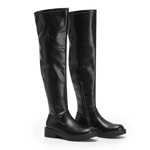 Image of VIVASHOES Women's Black Over The Knee High Flat Riding Boots Stretch – Faux Leather Winter Booties for Women, Slip-Resistant Chunky Sole, Low Heel Comfort Shoes – Stylish Everyday Tall Boots - Black 5