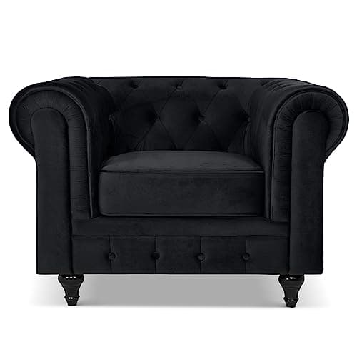 Image of Bravich Velvet Chesterfield Armchair | Single Seater Accent Chair | Soft Plush Fabric | Foam Seat Cushion | Scroll Arms | Button Studded Back | Living Room Bedroom Conservatory | Black | 110x90x78cm