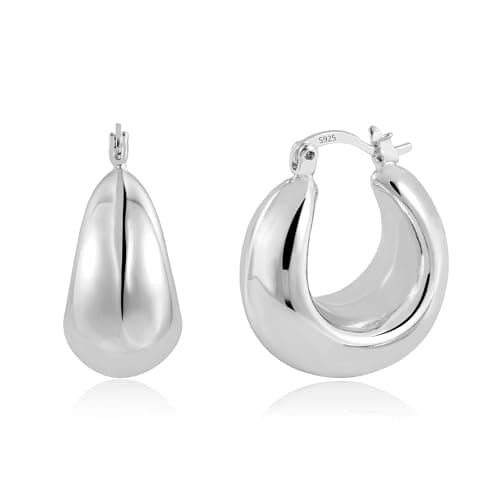 Image of Silver 925 Earrings for Women, Chunky Hoop Large Thick Hoop Earring Hypoallergenic Chunky Earrings Wide Large Hoops Earring Lightweight Jewelry Gift for Women Girls