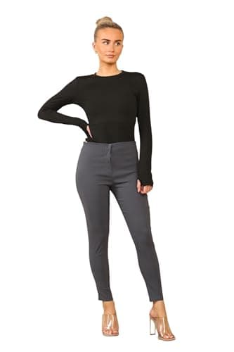 Image of Girls Slim Leg School Trousers High Waist Skinny Stretchy Women's Trousers Work Office Smart Fit Pants (Grey L25W14)