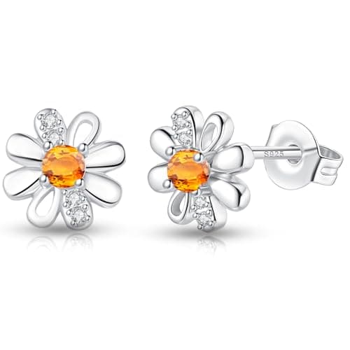 Image of DOA Daisy Sterling Silver Plated Stud Earrings, Silver Earrings With Orange Zircondia Crystals, White Flower Earring Jewellery Gifts For Girls