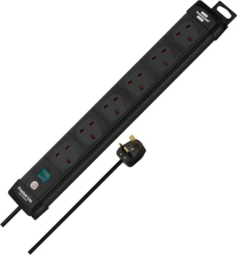 Image of Brennenstuhl Premium-Line, 6-way extension lead (switch and 3m cable - 80° angle of sockets) colour: black