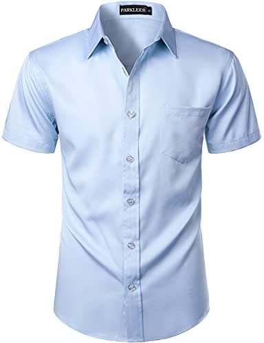 Image of PARKLEES Mens Casual Urban Stylish Slim Fit Short Sleeve Button Up Dress Shirt with Pocket ZLSC15 Sky Blue L