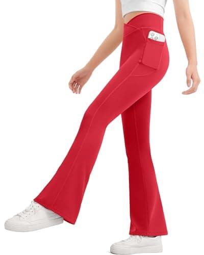 Image of JOCMIC Girls Flared Kids Pants V Cross High Waisted Dance Yoga Athletic Leggings Red, 9-10 Years, Tag140