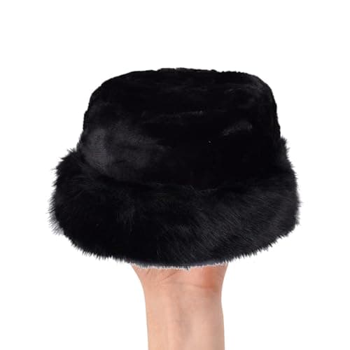 Image of TT ThreadTrade Winter Faux Fluffy Fur Round Hat, Women Classic Style Bucket Hat, Trendy Plush Hat, Soft And Warm, Perfect For Outdoor Activities, (UK, Alpha, One Size, Black)